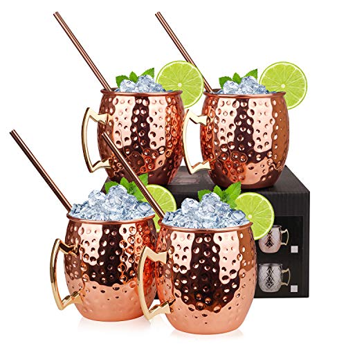Hossejoy Juego de 4 tazas de cobre Moscow Mule – Incluye 4 vasos de 550 ml – 4 pajitas en caja de regalo – Ideal para cócteles bebidas frías – 100% accesorios de cobre