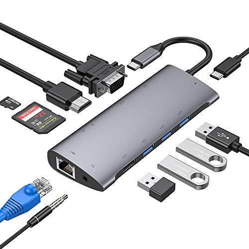 Hub USB C 11 en 1, Adaptador USB C con HDMI 4K, USB-C Power Delivery, 1080P VGA, RJ45 Gigabit Ethernet, Lector de Tarjetas SD/TF, USB 3.0/2.0, 3.5mm de Salida de Audio para Macbook Pro