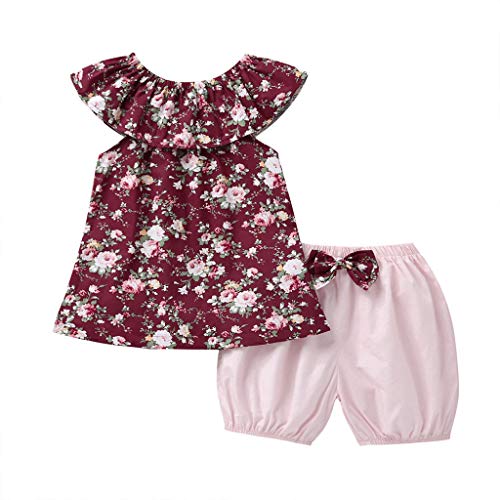 Janly Clearance Sale Conjunto de ropa para niñas de 0 a 5 años, sin mangas y pantalones cortos con lazo, para niños grandes de 3 a 6 meses (vino)