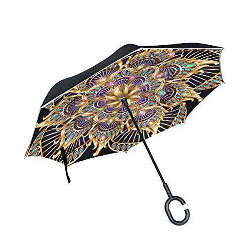 jstel doble capa puede adorno de oro circular y piedras preciosas paraguas coches Reverse resistente al viento lluvia paraguas para coche al aire libre con asa en forma de C