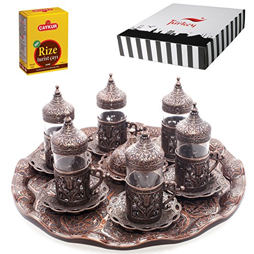 Juego de 6 vasos de té turco con platillos, cucharas decoradas (cobre)