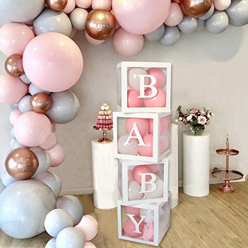 Kit de caja de decoración para baby shower - 4 cajas cuadradas blancas transparentes para baby shower que incluyen letras de BABY para suministros de fiesta decoración/cumpleaños/baby shower