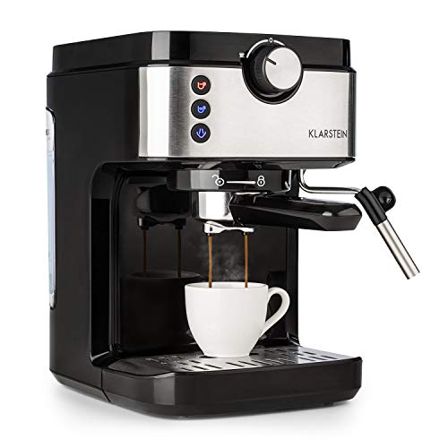 Klarstein BellaVita Espresso - Máquina de espresso, 1575 vatios, 20 bar, FullPressure, Capacidad de 900ml, One Touch Control, Boquilla de vapor móvil, Acero inoxidable, Negro/plateado