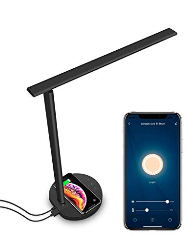 Lámpara escritorio Wifi Inteligente Alexa, Google Home y Smart Life. Negro, Protección ocular, color regulable y carga inalámbrica y USB
