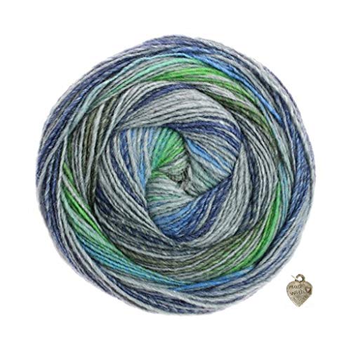 Lana Grossa Gomitolo Bene - Ovillo de lana (200 g), color verde degradado y corazón verde / gris / azul medio / vaquero / azul oscuro