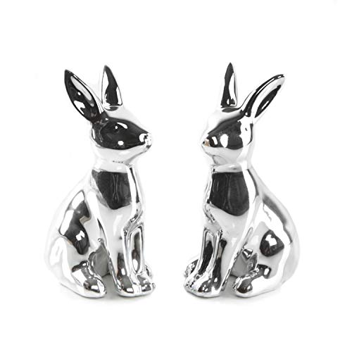 Logbuch-Verlag 2 pequeñas figuras de conejo de Pascua de porcelana plateadas de 10 cm – Decoración moderna de Pascua para colocar de pie – Figura de conejo de Pascua como regalo de Pascua