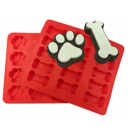 LYXY,15 agujeros Mini perro hueso 14 agujeros de silicona Mini perro huellas, dos juegos juntos, bandeja de molde de postre de galletas plegable DIY molde para hornear molde