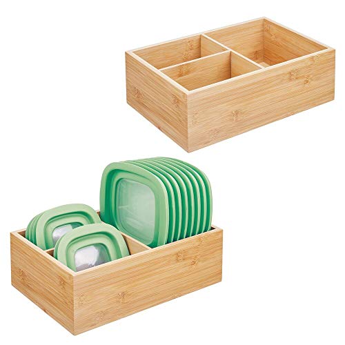 mDesign Juego de 2 cajas organizadoras de tapas – Práctica caja de almacenaje con 3 compartimentos para ordenar tapas – Moderno organizador de tapaderas de madera para la despensa – color natural