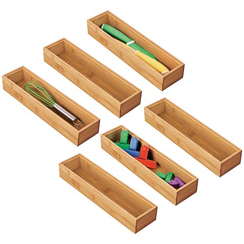 mDesign Juego de 6 cajas organizadoras para la cocina – Caja rectangular de bambú para ordenar cajones – Organizador de madera apilable para guardar cubiertos y utensilios de cocina – color natural