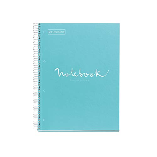 MIQUELRIUS - Cuaderno Notebook Emotions - 1 franja de color, A4, 80 Hojas con rayado horizontal 7mm, Papel 90g, 4 Taladros, Cubierta de Cartón Extraduro, Color Azul Cielo