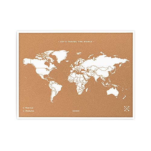 Miss Wood Map L Mapa del Mundo de Corcho con Marco, Blanco, 48 x 63 cm