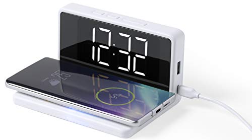 MKTOSASA - Reloj Despertador Digital con Carga Inalámbrica Qi 5W y por Cable. Fecha y Hora, Alarma y 3 Posiciones de Luz. Conexión USB y Cable Incluido. Carga 2 Dispositivos Simultáneamente
