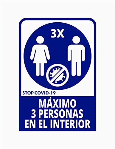 Pegatina Máximo 3 personas en el interior, 19.5 x 29cm, Prevención COVID-19, diseñado para empresas, como medida de protección contra el Coronavirus - Cartel prevención (Azul Oscuro)