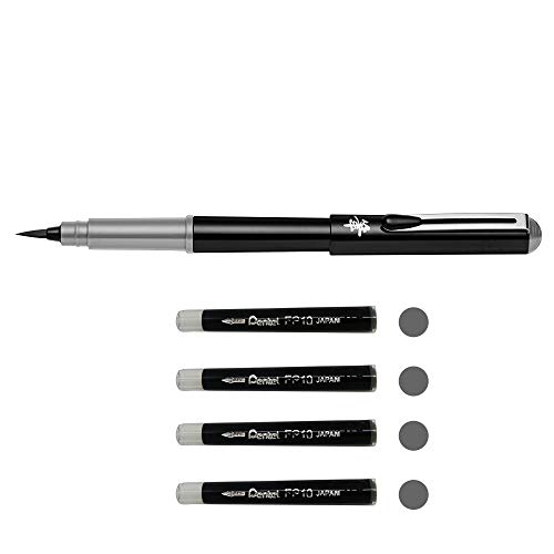 Pentel GFKPN Pocket Brush bolígrafo de tinta de pigmentos para caligrafía, bocetos y dibujos, color gris + 4 cartuchos