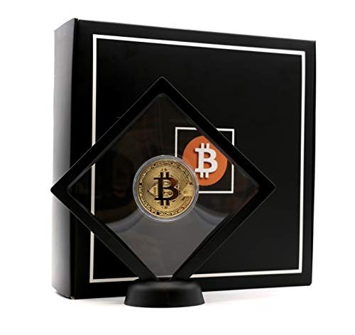 PF TECHNOLOGIES Moneda física Bitcoin con Soporte para exhibición recubierta Color Oro. Pieza coleccionismo con Caja Exclusiva.