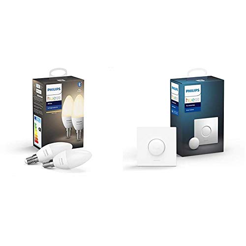 Philips Hue White - Paquete de 2 bombillas LED inteligentes E14, luz blanca cálida, compatible con Bluetooth y Zigbee + Botón/Interruptor Smart Button