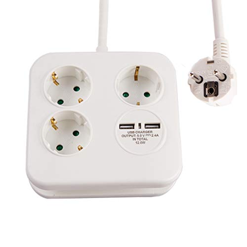 Regleta de 3 enchufes KF con 2 cargadores USB, 16 A/230 V, máx. 3680 W, ahorro de energía, enchufe múltiple con protección para niños, certificado CE, cable de 2 m, color blanco