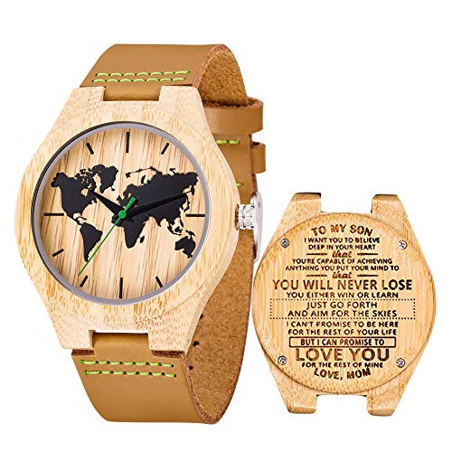 Reloj de Madera de Cuero, Relojes de brújula de bambú Hechos a Mano MUJUZE, Relojes de Pulsera para Hombre con Correa de Vaca marrón (For Son from Mo)