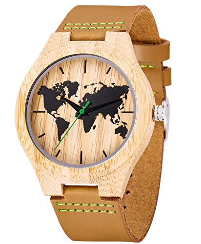 Reloj de Madera de Cuero, Relojes de brújula de bambú Hechos a Mano MUJUZE, Relojes de Pulsera para Hombre con Correa de Vaca marrón (Map Bamboo)