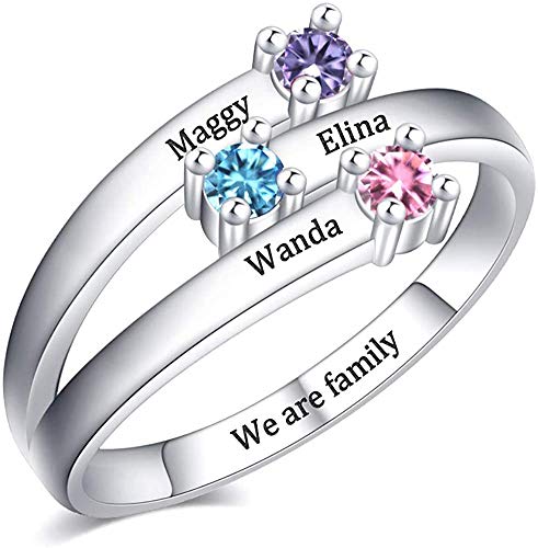 ROWAWA Anillo de madres personalizado con piedras natales, anillos de piedra natal para mujer, plata de ley 925 grabado personalizado nombre aniversario anillo para mujeres madre abuela