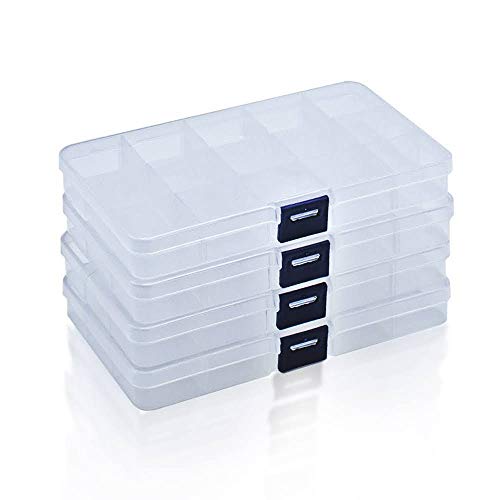 RUBY - 4 Cajas Organizadoras de Plástico con Tapa, Cajas de Almacenamiento con 15 Compartimentos Ajustables y Desmontable para Abalorios, Cuentas, Tornillos, Joyerías, etc.(4 Unids)