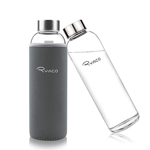 Ryaco Botella de Agua Cristal 550ml, Botella de Agua Reutilizable 18 oz, Sin BPA Antideslizante Protección Neopreno Llevar Manga y Cepillo de Esponja (550ml, Gris Oscuro)