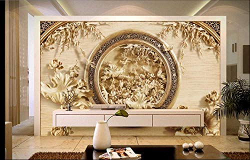 Sala de estar wallpaper3D Talla de madera Lotus TV Pared de fondo | Lotus Picture-400X300CM tridimensional