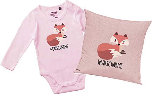 Set de regalo para bebé con diseño de zorro y nombre personalizado Cojín y cuerpo rosa 74 9 mes