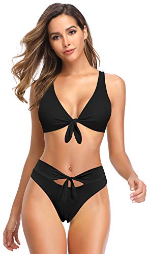 SHEKINI Bikini de 3 Piezas para Mujer Traje de Baño con Cordones Top de Bikini con Cuello En V Profundo Pantalones de Cintura Baja o Alta (Negro Bikini Set, S)