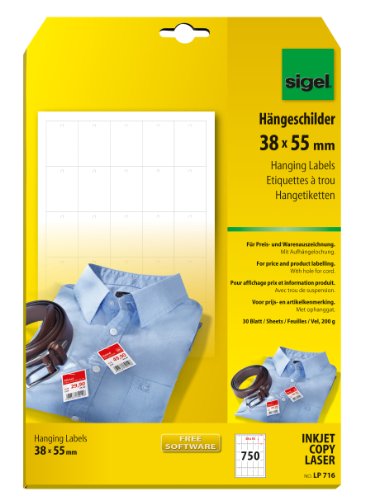 Sigel - Etiquetas de ropa con agujero para hilo de plástico (38 x 55 mm, 200 g/m2, 750 etiquetas)