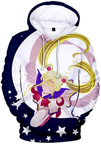 Silver Basic Sudadera con Capucha de Sailor Moon para Mujer,Sudadera de Manga Larga con Estampado 3D, Disfraz de Cosplay de Anime Japonés Sailor Moon Sudadera XXS,77Estrellas Blanca-2