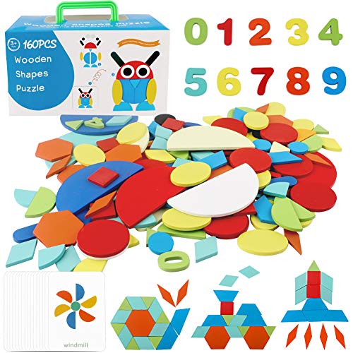 StillCool Tangram Madera, 160 Pzs Tangram Puzzle Montessori con 60 Tarjetas de Diseño Animales Plantas Coches Cohete, Juguetes Educativos para Niños Mayores de 2 Años