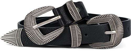 styleBREAKER Cinturón vintage para damas con doble hebilla decorada en estilo occidental, cinturón bajo B, cinturón de cintura, acortable 03010105, tamaño:105cm, color:Negro