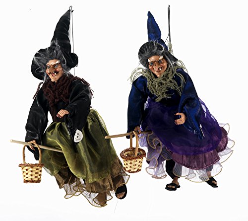 Sunny Toys 21467 - Figuras de Bruja Volando con Escoba y cestita (Aprox. 45 cm, con luz y Sonido, Incluye Pilas), 2 Colores Surtidos