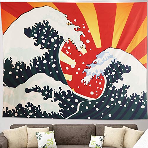 Tapiz de Pared Gran Ola Kanagawa Colgar en la Pared Tapicería Colgar Gran Oceánica Colgante de pared Naranja Arte Naturaleza para el Hogar La Sala de Estar Dormitorio Decoraciones(200x150cm)