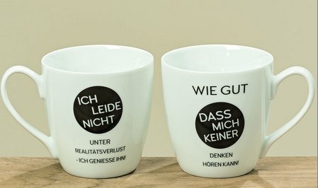 Taza de cafe grande con asa de Porcelana Blanca con texto en Alemán "Ich leider nicht" (no sufro) 400ml