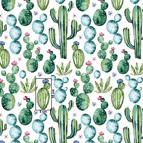 Tela de algodón 100 % para niños, tejido por metros, tela para costura, artesanía, 100 x 160 cm, 1 metro (cactus verdes con flores)