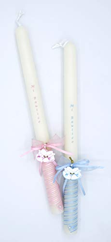 Vela de bautizo,Decoradas con cinta en espiral y un lacito con perla y un osito colgado de globos - vela pequeña medidas 30x2 cm(32-zapatitos.rosa)