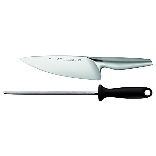 WMF Chef's Edition - Juego de 2 cuchillos (hoja de acero especial, 1 cuchillo forjado, 1 afilador, estuche de madera, cuchillo de cocina)