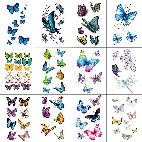 WYUEN - Tatuajes adhesivos de mariposas para adultos, lote de 12 piezas, 9,8 x 6 cm (W12-03)