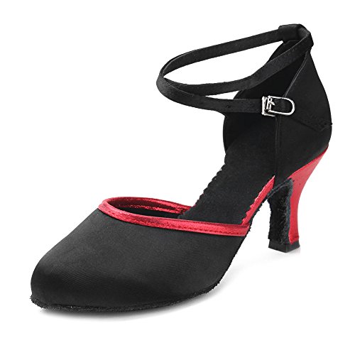 YKXLM Mujeres&Niña Zapatos latinos de baile Zapatillas de baile de salón Salsa Performance Calzado de Danza,ESWXCL-7,Negro+Rojo,EU 38