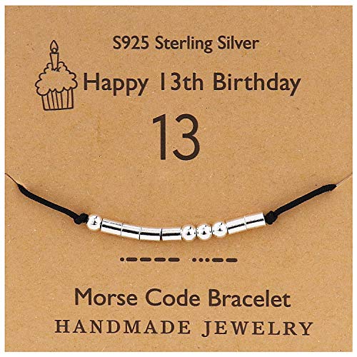 YooAi Pulsera de código Morse Regalos de Feliz cumpleaños para niñas Pulsera de Plata esterlina Joyería de Regalo de cumpleaños para 13 años Cuentas en cordón de Seda 13