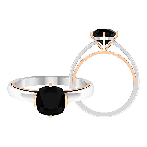 1.75 CT creado en laboratorio anillos de diamante negro, anillos solitarios para mujer, anillo de oro de dos tonos (7 mm de corte cojín diamante negro), 14K Oro rosa, Size:EU 49