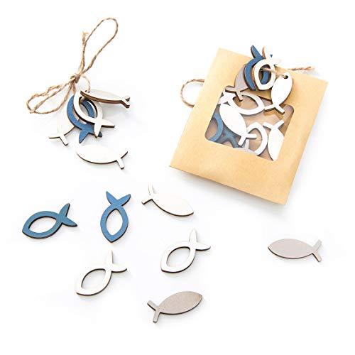 24 peces pequeños de madera, 3,5 cm, azul, beige y blanco, minipeces marítimos para decoración de mesa