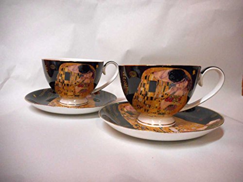 Atelier Harmony Gustav Klimt - Juego de tazas de té y café (4 piezas, porcelana, con caja de regalo), diseño de El beso, color negro y dorado