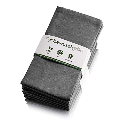 BewusstGrün I 12 servilletas de tela justas y sostenibles, 100% algodón orgánico, 45 x 45 cm, color gris