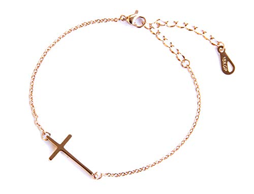BoSa Pulsera con colgante de cruz religiosa cristiana con símbolo religioso cristiano de acero inoxidable chapado en oro rosado de 24 cm de largo, oro rosa