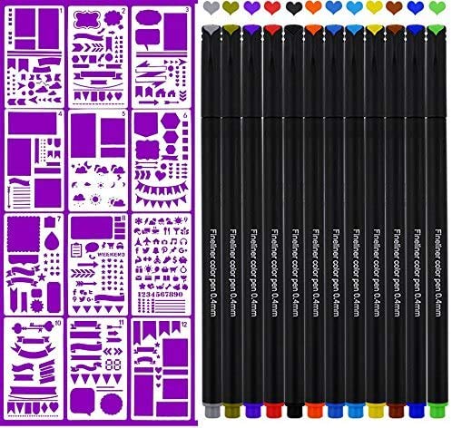 Bullet Journal Stencil y 12 colores únicos Bolígrafo fineliner - Tinta base agua, 24 piezas plantilla de dibujo planificador plástico para diario set para diario / cuaderno / diario