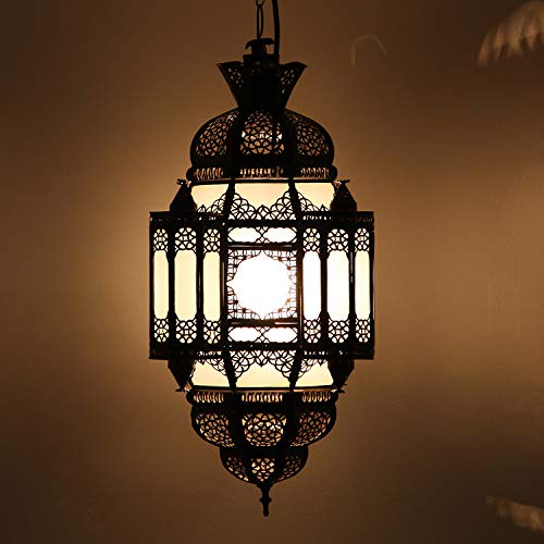 Casa Moro | Lamia Lámpara oriental de 60 cm de altura, 26 cm de diámetro, de metal y cristal de leche, artesanía de Marrakech, lámpara colgante marroquí como de 1001 noches | L1361