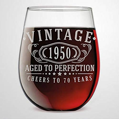 Copa de vino vintage de 1950 para 70º cumpleaños añejado a la perfección, regalo de 70 años, sin tallo, grabado con láser, vaso de chupito personalizado, 15 onzas